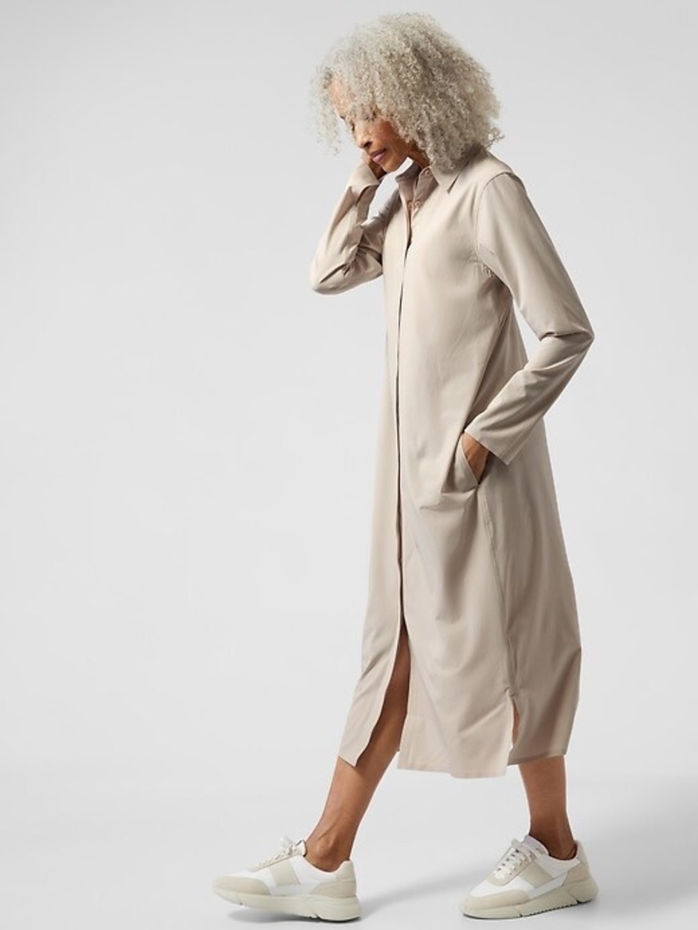 Athleta urbanite texture stripe dress Long Shirt Dress in Light Beige